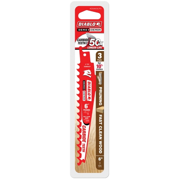 Diablo DS0603CP3 Series Reciprocating Saw Blade, Applicable Materials: Wood, 6 in L, 3 TPI, Carbide Cutting Edge, 3/PK