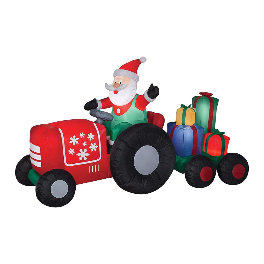 90807 Inflatable Santa Tractor and Trailer, Polyester, Green/Red/White, 5 ft Tall