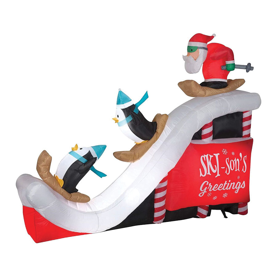 90816 Inflatable Santa & Penguin Ski Jump, 7 foot Tall, Polyester, Red/White