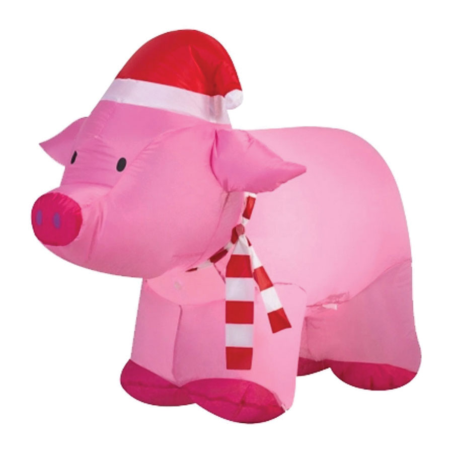 90813 Inflatable Pig with Santa Hat, 4 ft Tall, Polyester, Pink