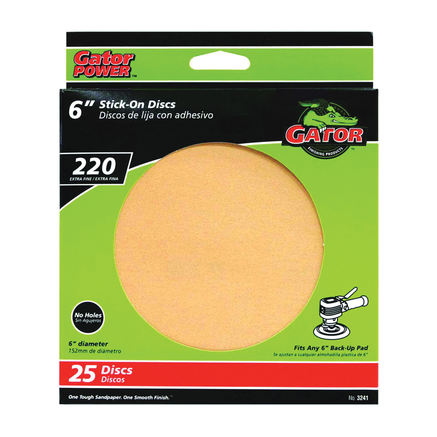 3241 Sanding Disc, 6 in Dia, Coated, 220 Grit, Extra Fine, Aluminum Oxide Abrasive, Paper Backing