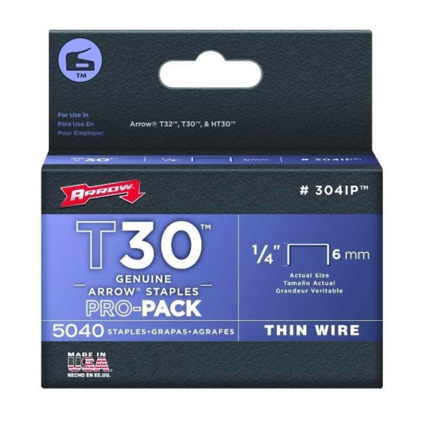 Arrow T30 Series 304IP Staple, For: T30, T32, T32M, HT30 Hammer Tacker, 1/2 in W Crown, 1/4 in L Leg