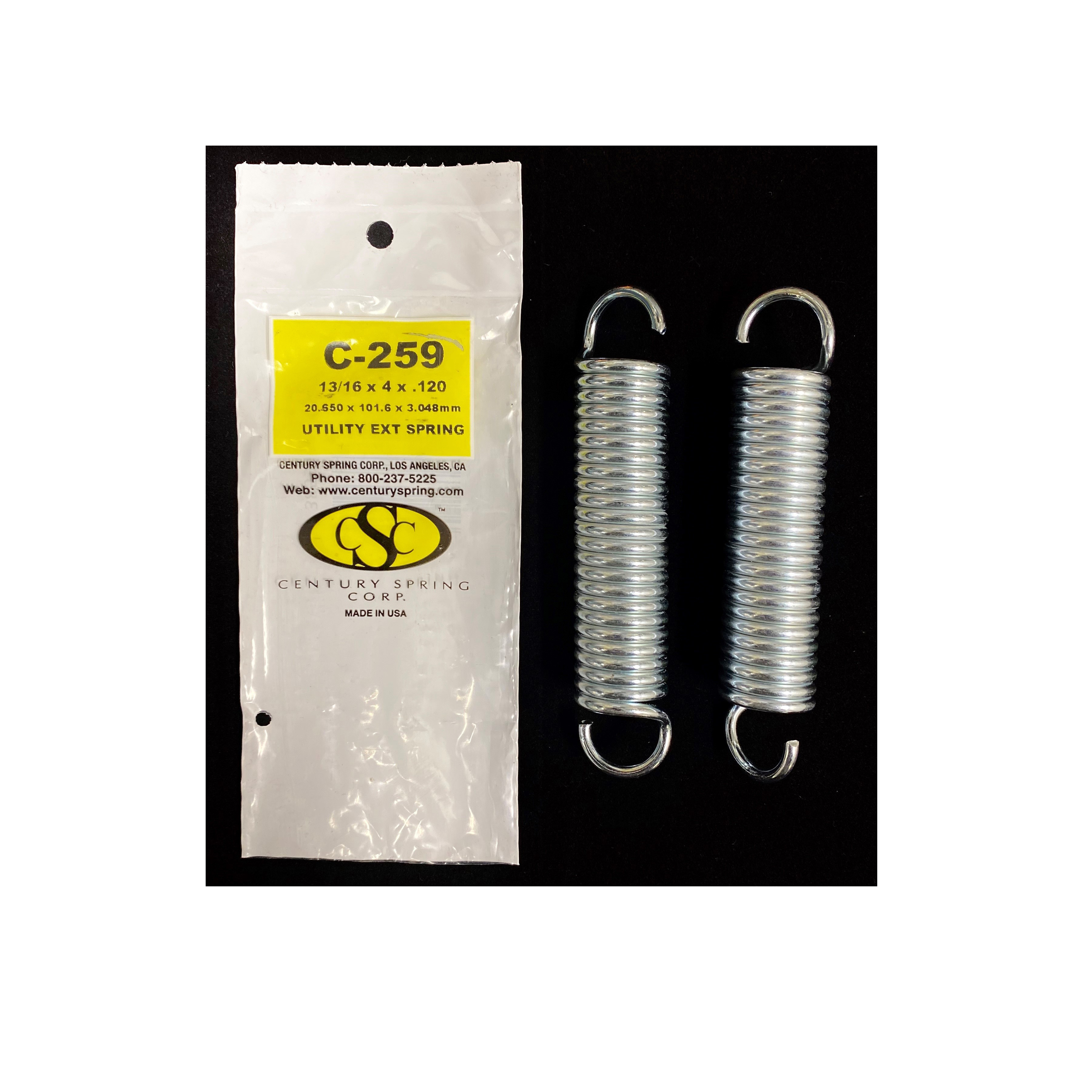 CSC C-259 Extension Spring, 13/16 in OD, 4 in OAL, Hard Drawn, Galvanized, 61.7 lb - 1