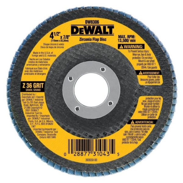 DW8311 Flap Disc, 4-1/2 in Dia, 5/8-11 Arbor, Coated, 40 Grit, Coarse, Zirconium Oxide Abrasive