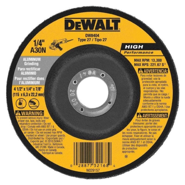 DEWALT DW8404 Grinding Wheel, 4-1/2 in Dia, 1/4 in Thick, 7/8 in Arbor, 30 Grit, Very Coarse, Aluminum Oxide Abrasive