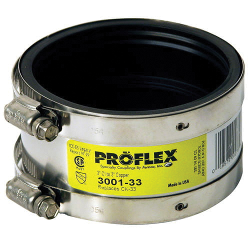 Fernco Proflex Series 3001-33 Shielded Transition Pipe Coupling, 3.32 x 3.06 in, Neoprene/Stainless Steel