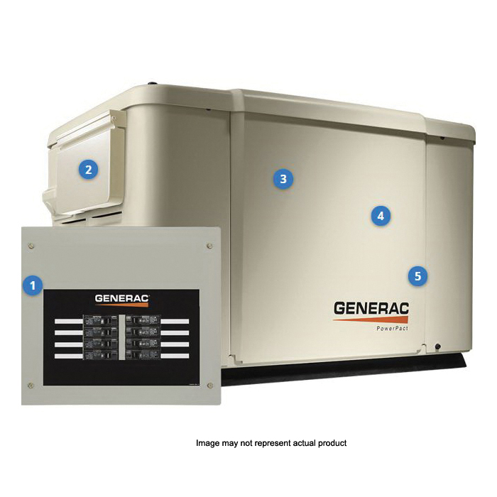 Generac PowerPact Series 6998 Generator, 25/31.25 A, 240 VAC, LP, Natural Gas, Automatic Start, Bisque Housing
