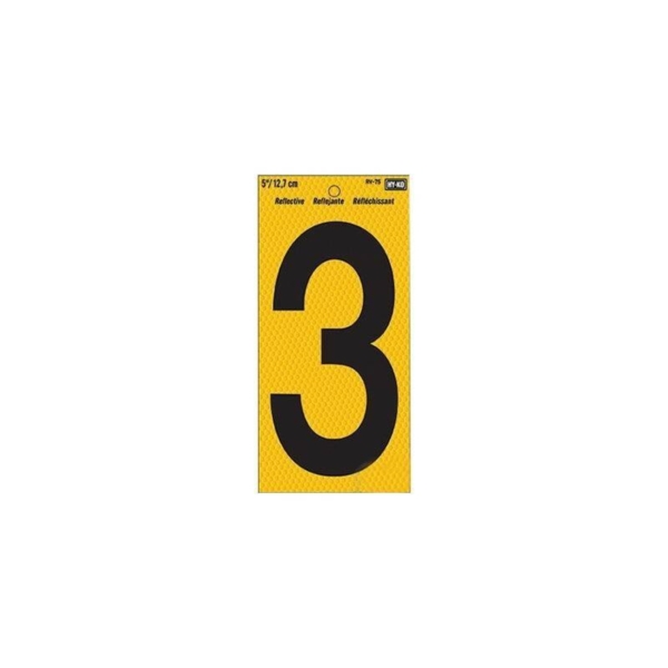 RV-75/3 Reflective Sign, Character: 3, 5 in H Character, Black Character, Yellow Background, Vinyl