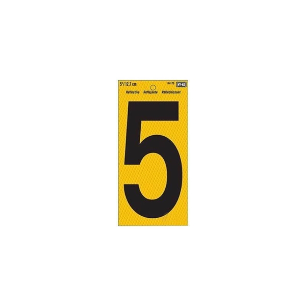 RV-75/5 Reflective Sign, Character: 5, 5 in H Character, Black Character, Yellow Background, Vinyl