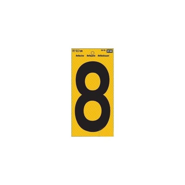 RV-75/8 Reflective Sign, Character: 8, 5 in H Character, Black Character, Yellow Background, Vinyl