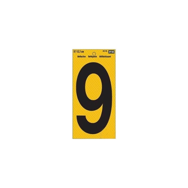 RV-75/9 Reflective Sign, Character: 9, 5 in H Character, Black Character, Yellow Background, Vinyl