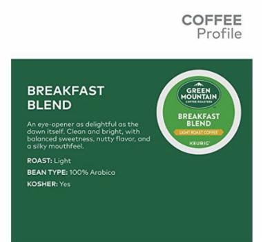 KEURIG GREEN MOUNTAIN COFFEE ROASTERS 00520 Breakfast Blend K-Cup Pod, Nutty Flavor, Yes Caffeine, Light Roast, 5.6 oz - 3