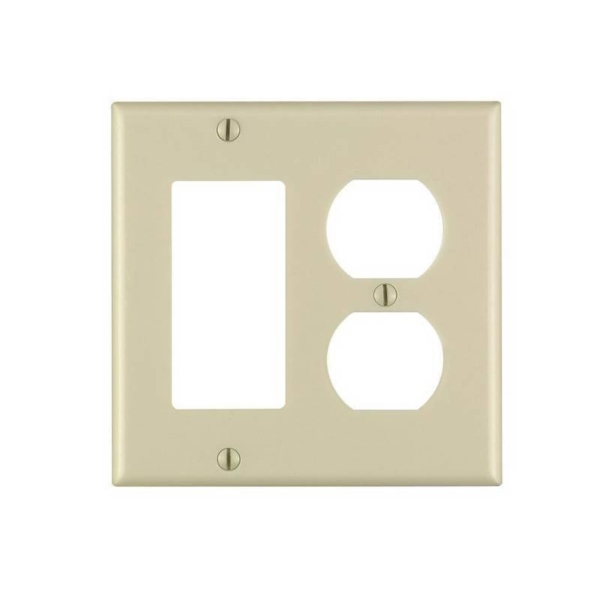 Leviton 80455-I Combination Wallplate, 4-1/2 in L, 4-9/16 in W, 2 -Gang, Thermoset Plastic, Ivory, Smooth - 1