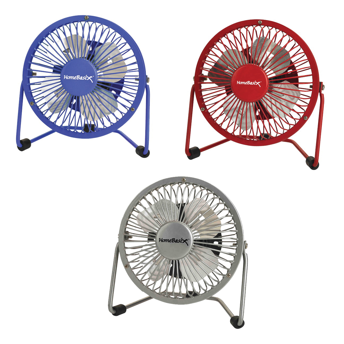 FE-20 Personal Fan, 120 VAC, 4 in Dia Blade, 4-Blade, 1-Speed, 360 deg Rotating, Blue/Red/Silver