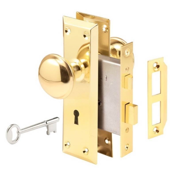 Defender Security E 2293 Mortise Interior Lockset, 2-3/8 in Backset, Steel, Polished Brass - 1