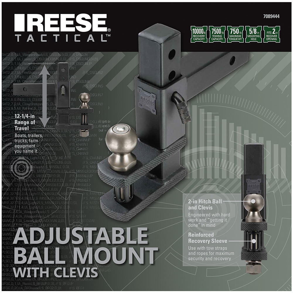 Reese Towpower Tactical 7089444 Adjustable Ball Mount with Clevis, 2 in, 2-5/16 in Dia Hitch Ball, Steel, Matte/Pewter - 5