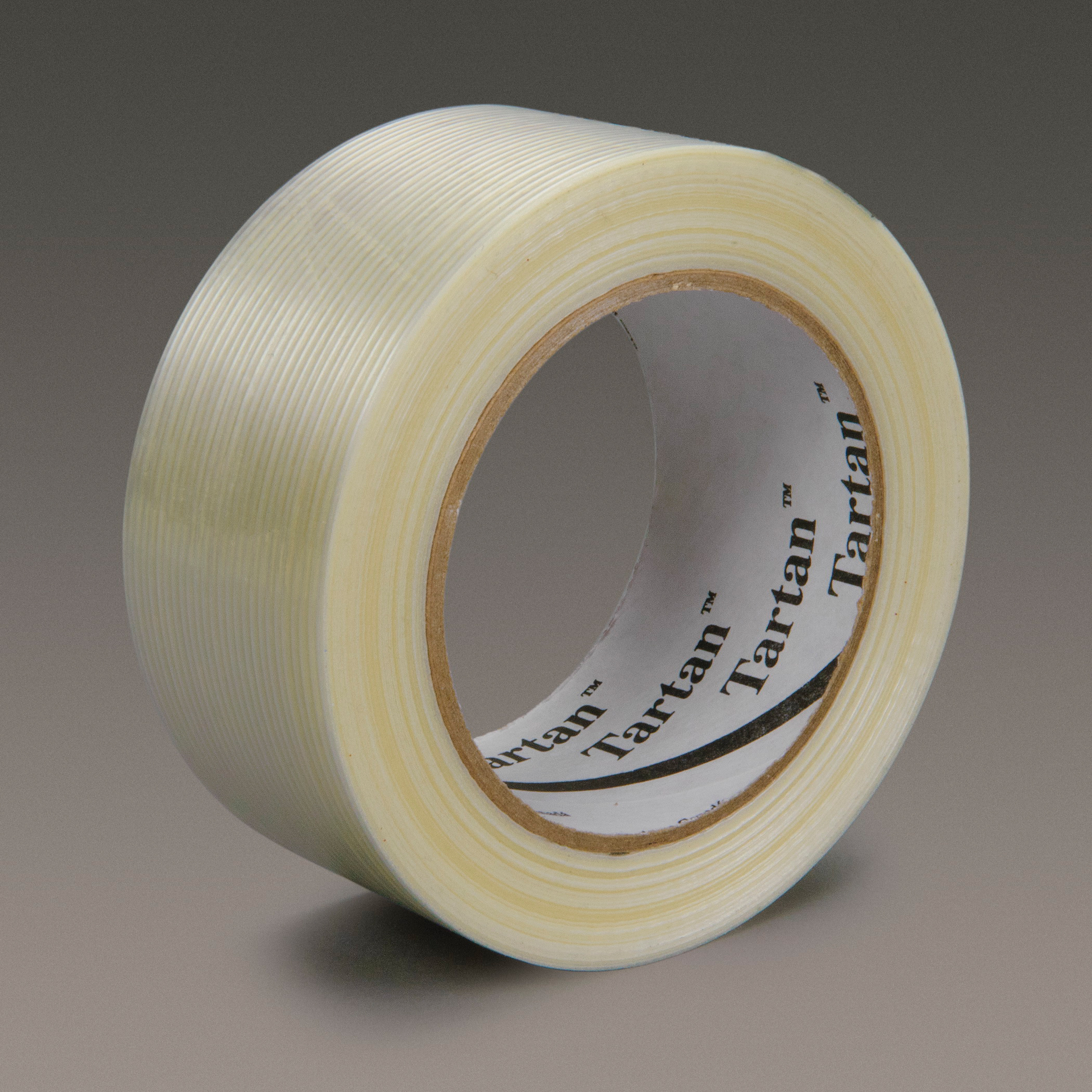 Scotch® 021200-39838 Filament Tape, 55 m L x 12 mm W, 8 mil THK, Glass Filament, Natural Rubber Adhesive, Polyester Film Backing, Clear