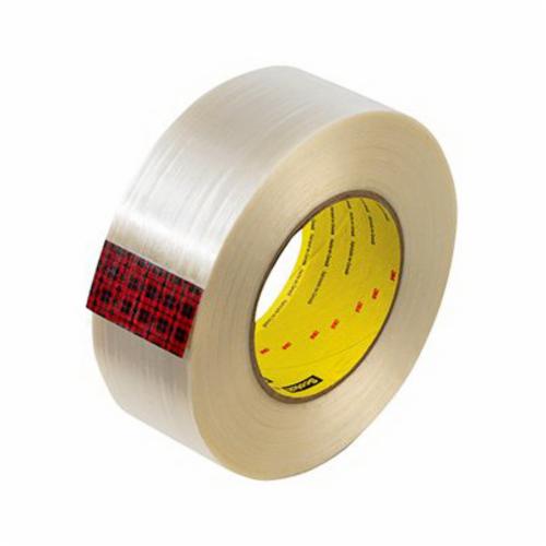 3M™ 051115-63294 Filament Tape, 55 m L x 72 mm W, 3.75 mil THK, Fiberglass Yarn Filament, Synthetic Rubber Adhesive, Polypropylene Film Backing, Clear
