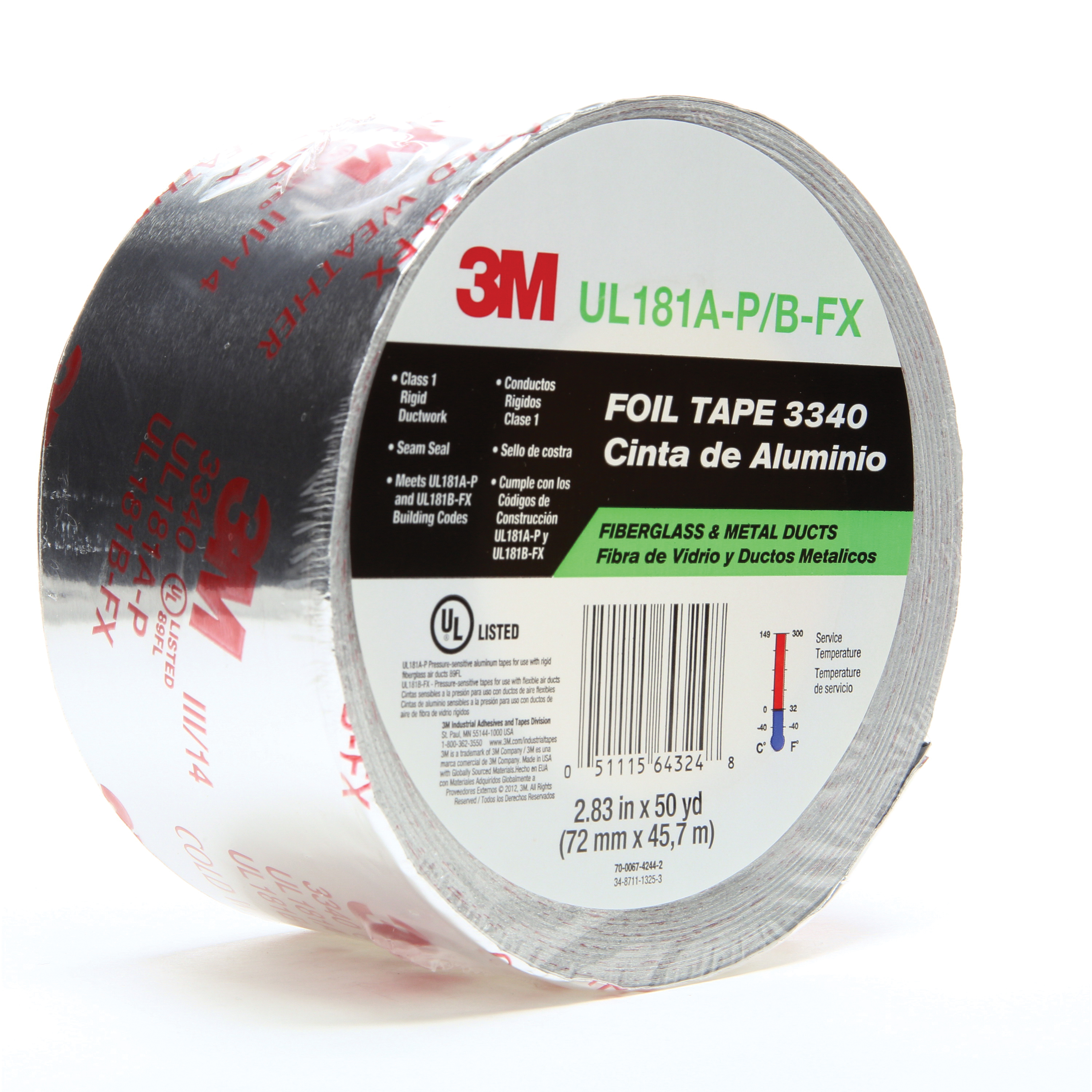 3M™ 051115-63976 General Purpose Foil Tape, 100 yd L x 15 in W, 3.25 mil THK, Natural Kraft Paper Liner, Acrylic Adhesive, Aluminum Foil Backing, Silver