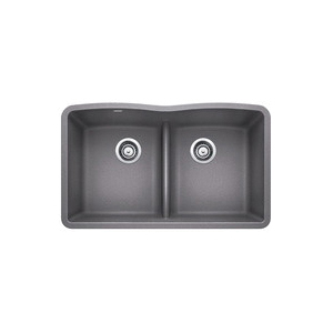Blanco 442077 Equal Double Low Divide Bowl Composite Sink, DIAMOND™ SILGRANIT®, Rectangular, 14-1/2 in L x 17 in W x 9-1/2 in D Left Bowl, 14-1/2 in L x 17 in W x 9-1/2 in D Right Bowl, 32 in L x 19-1/4 in W, Under Mount, Granite, Metallic Gray