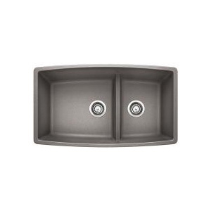 Blanco 441309 Kitchen Sink, PERFORMA™ SILGRANIT® II, Rectangular, 18 in L x 17-1/2 in W x 10 in D Left Bowl, 12 in L x 17-1/2 in W x 10 in D Right Bowl, 33 in L x 19 in W, Under Mount, Solid Granite, Metallic Gray