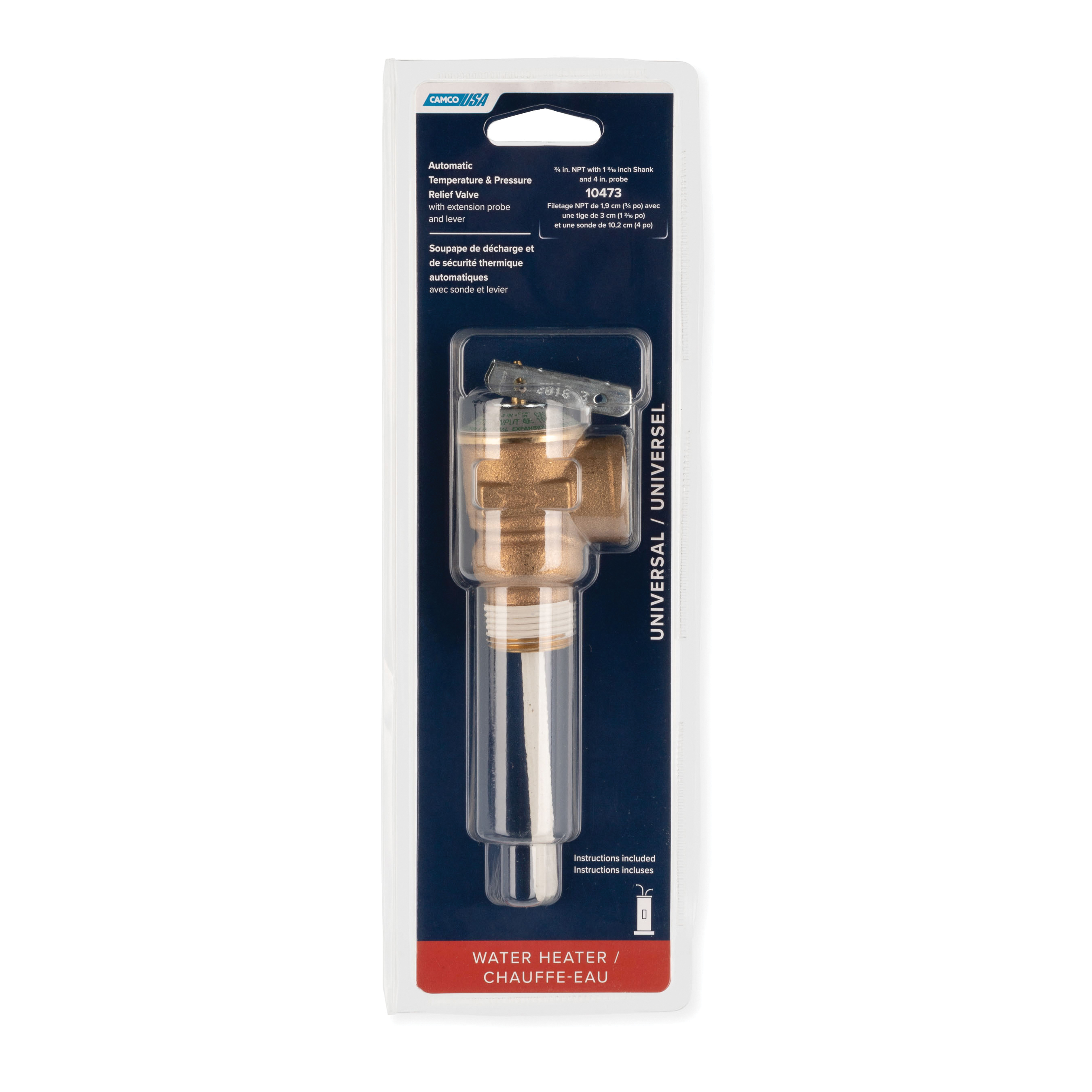 Camco 10473 Temperature and Pressure Relief Valve With 4 in Probe and Stainless Steel Spring, For Use With RV Water Heater, 3/4 in NPT, 150 psi and 210 deg, Brass, Domestic