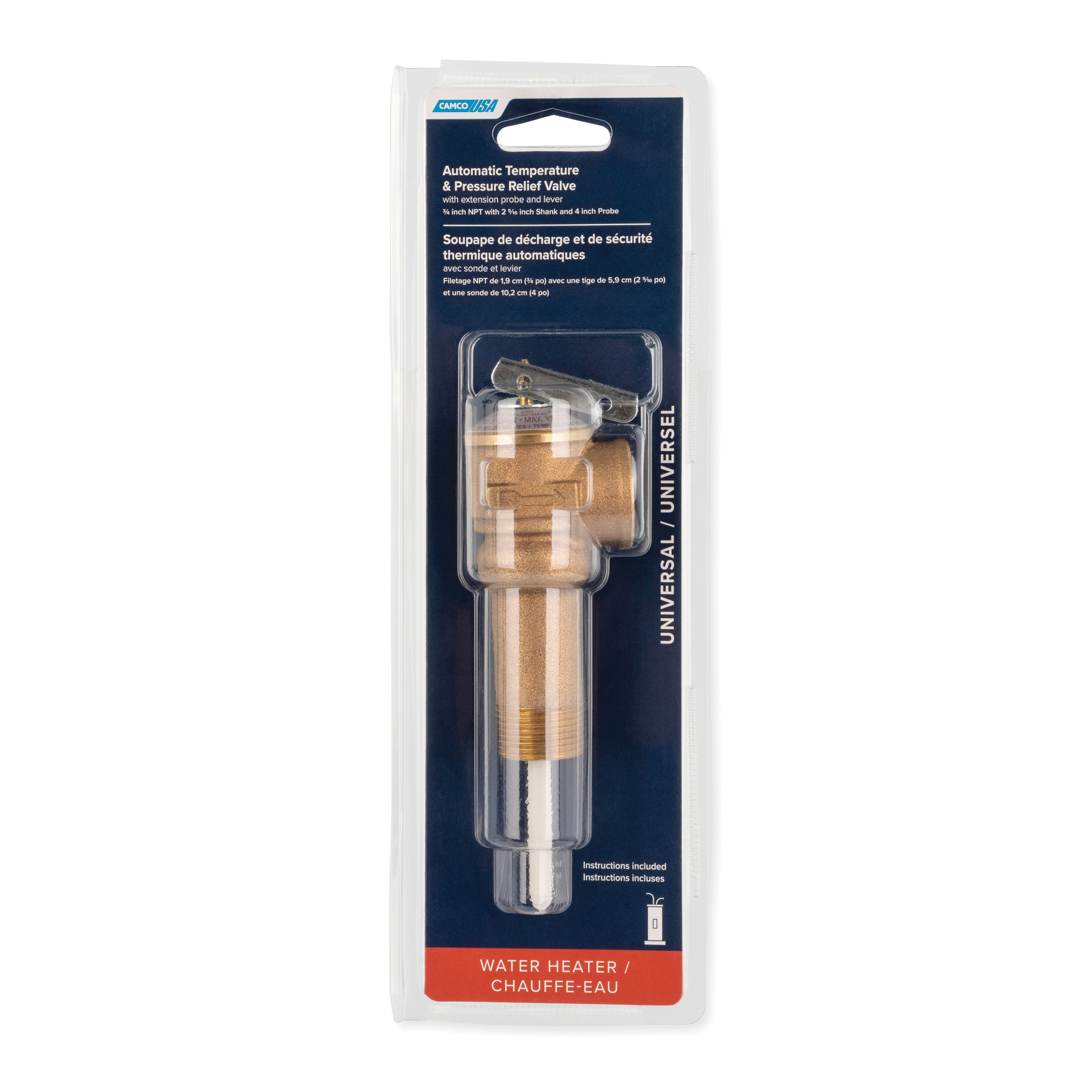 Camco 10493 Temperature and Pressure Relief Valve With 2-1/2 in L Shank, 4 in Probe and Stainless Steel Spring, 3/4 in NPT, 150 psi and 210 deg, Brass, Domestic