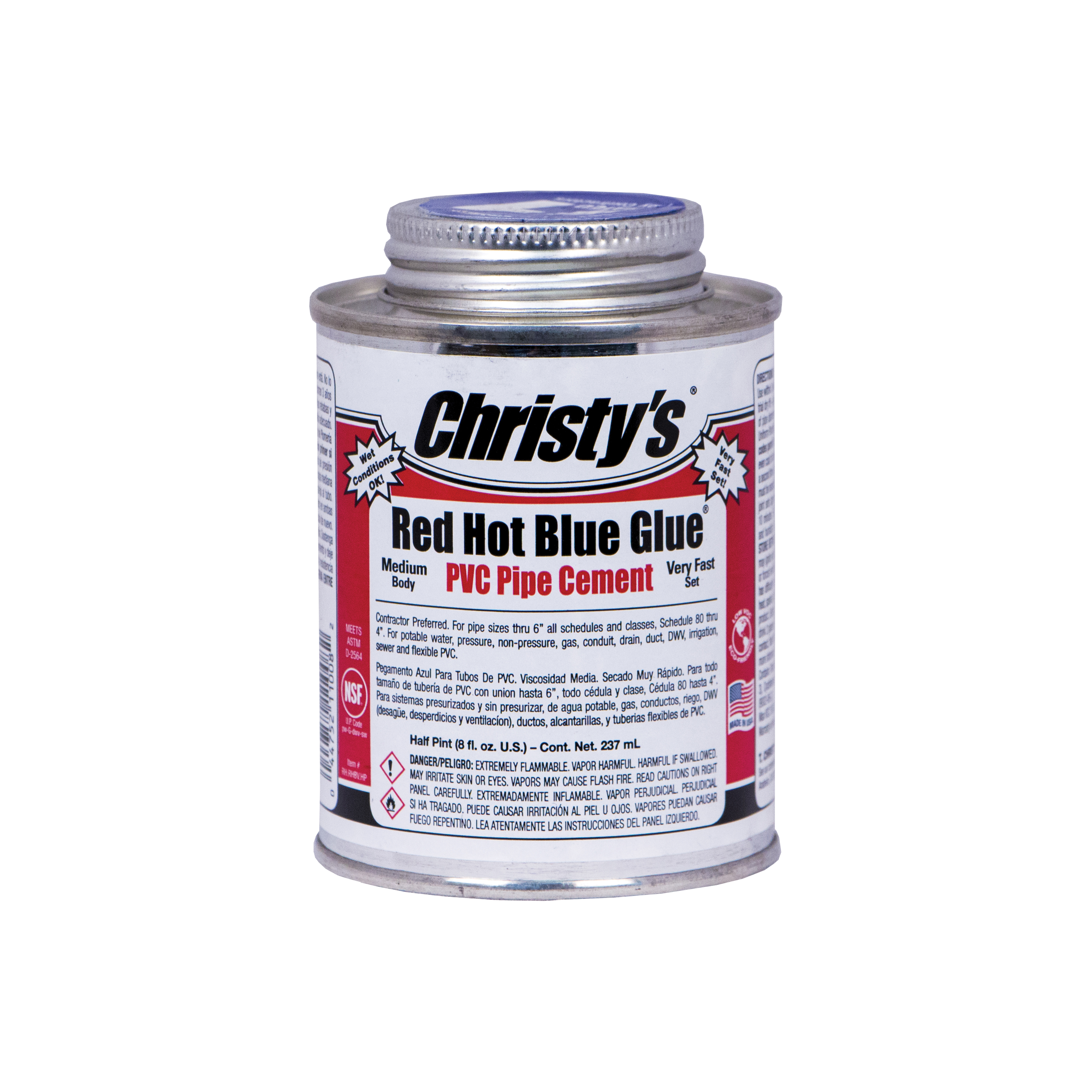 Christy's® Red Hot Blue Glue® 4585 Very Fast Set PVC Plastic Pipe Cement, 0.5 pt Can, Medium Syrupy Liquid, Deep Blue, 0.955 +/- 0.01