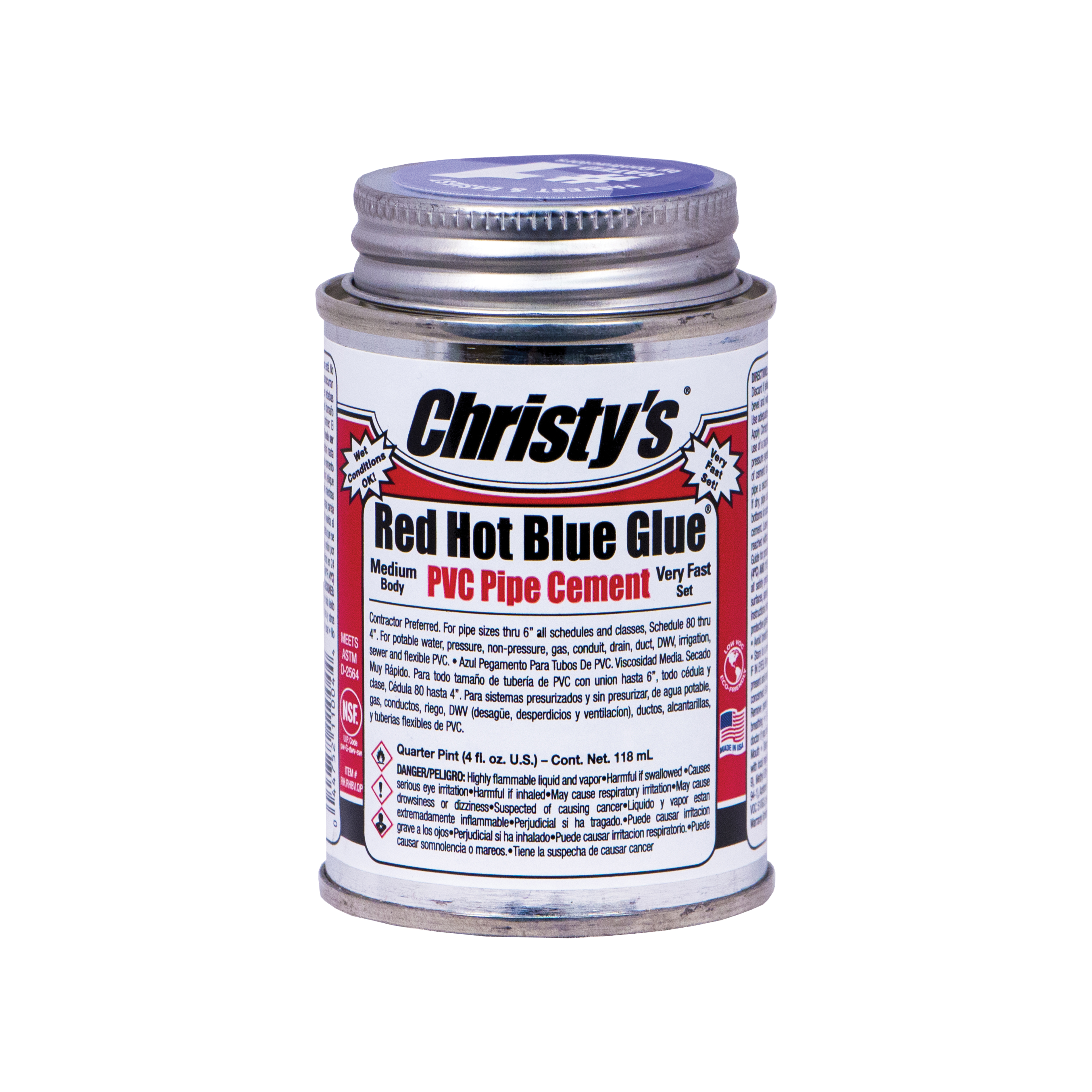 Christy's® Red Hot Blue Glue® 4584 Very Fast Set PVC Plastic Pipe Cement, 0.25 pt Can, Medium Syrupy Liquid, Deep Blue, 0.955 +/- 0.01