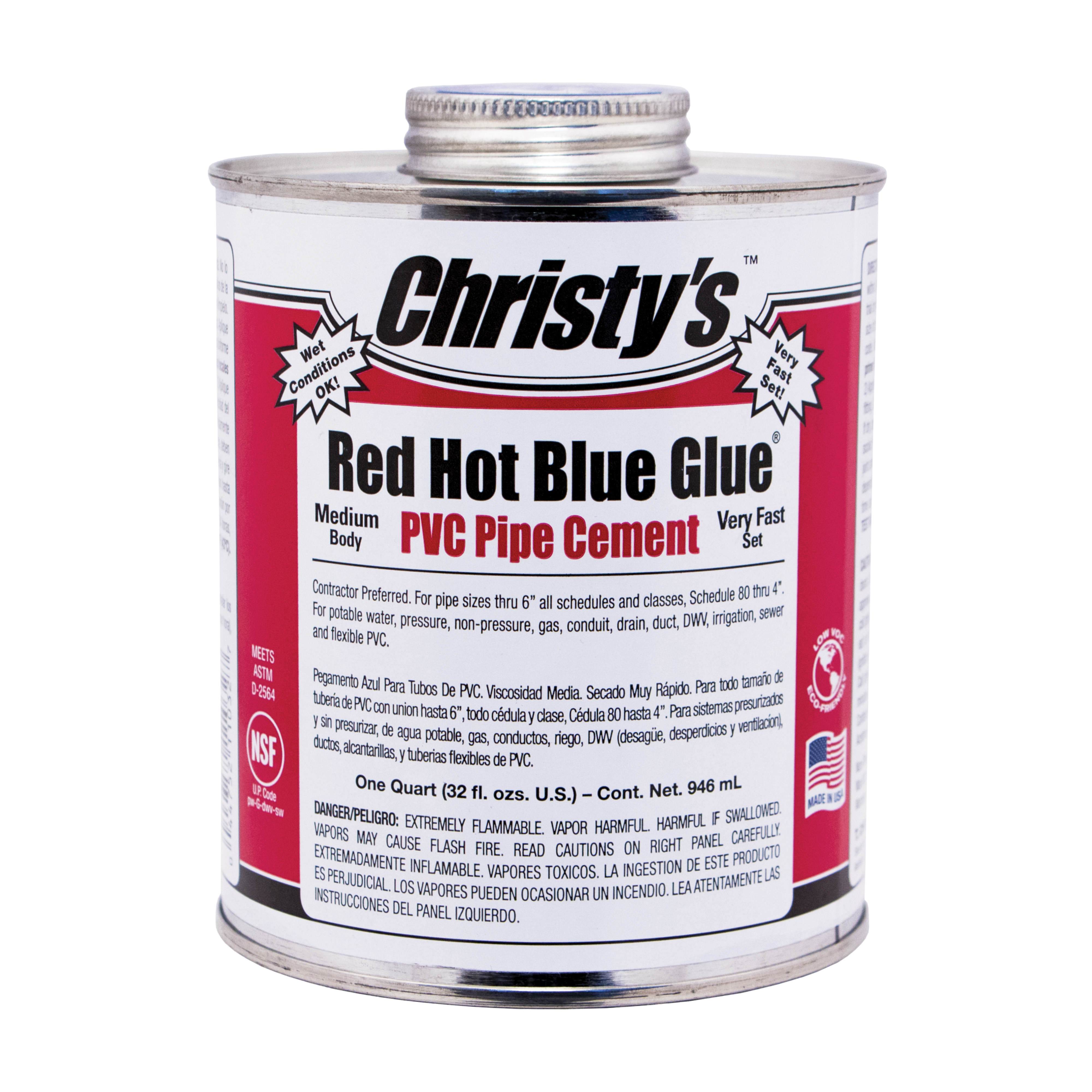 Christy's® Red Hot Blue Glue® 5528 Very Fast Set PVC Cement, 1 qt Can, Medium Syrupy Liquid, Deep Blue, 0.955 +/- 0.01