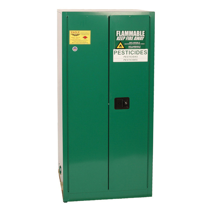 product Eagle Manufacturing PEST24X Space Saver Pesticide Cabinet, 350 lb Capacity, Lever Handle, 35 in H x 23 in W x 18 in D, Self-Close Door, 1 Doors, 1 Shelves, 18 ga Steel, Green