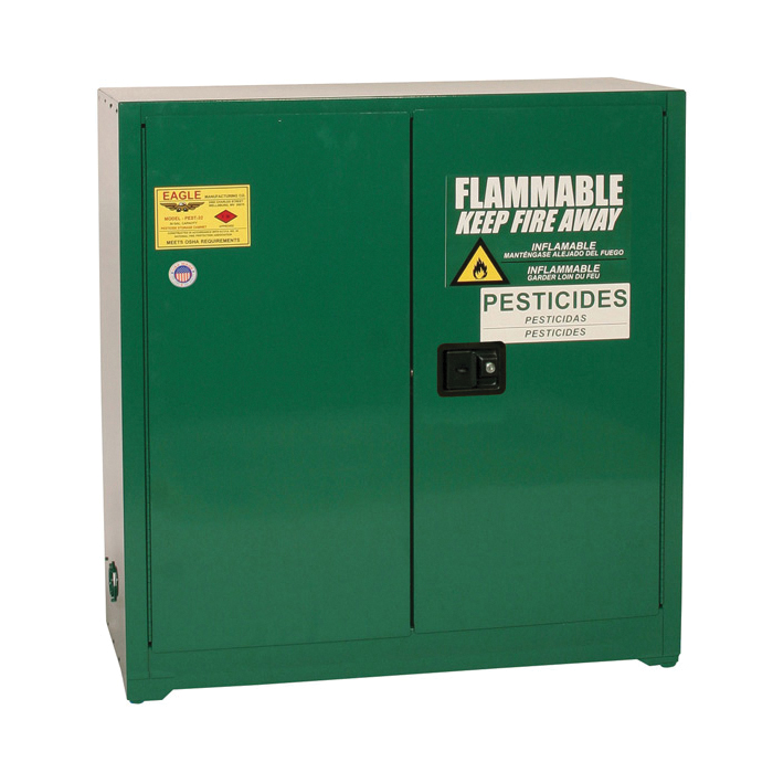 product Eagle Manufacturing PEST2610 Pesticide Cabinet, 55 gal Capacity, Lever Handle, 65 in H x 31-1/4 in W x 31-1/4 in D, Self-Close Door, 2 Doors, 1 Shelve, 18 ga Steel, Green
