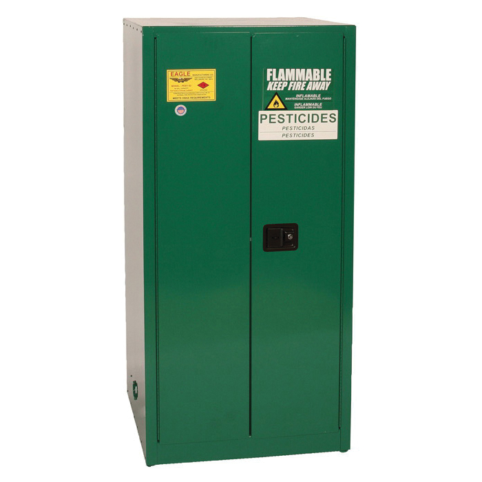product Justrite® 894504 Sure-Grip® EX Standard Pesticide Safety Cabinet, 350 lb Capacity, 65 in H x 43 in W x 18 in D, Manual Close Door, 2 Doors, 2 Shelves, 18 ga CR Steel, Green, Recessed Paddle Handle