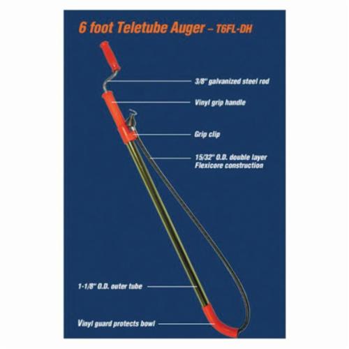 General Pipe Cleaners Teletube® T6FL Regular Head Heavy Duty Closet Auger, 6 ft L Cable, Vinyl Grip Handle
