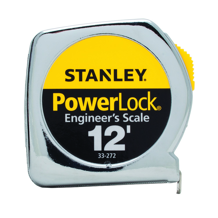 Stanley Tape Measure: 25 ft. Blade L, 1 in Blade W, in/ft/Fractional,  Closed, Steel