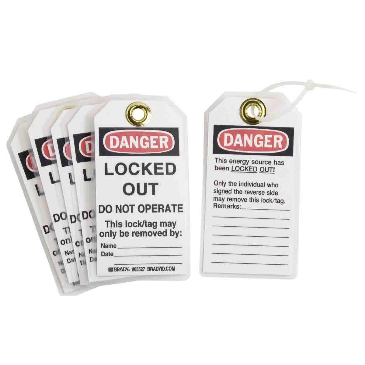 Brady® 65451 Rectangular Lockout Tag, 5-3/4 in H x 3 in W, Black/Red on White, 3/8 in Hole, B-853 Cardstock
