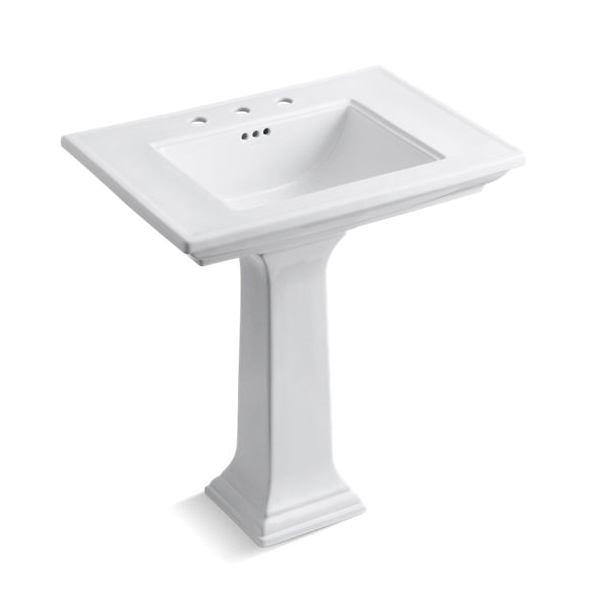 Kohler® 2268-8-0 Design Elegant Bathroom Sink Basin With Overflow, Memoirs® Stately, Rectangular, 4 in Faucet Hole Spacing, 30 in W x 21-3/4 in D x 34-3/4 in H, Pedestal Mount, Fireclay, White