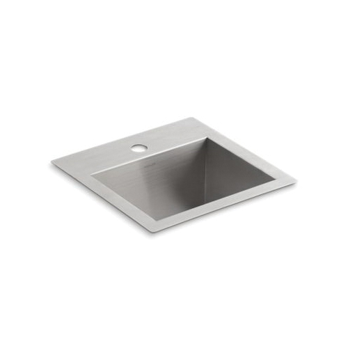 Kohler® 3840-1-NA Bar Sink, Vault™, Squared Shape, 1 Faucet Holes, 15 in W x 15 in W x 9-5/16 in D, Top/Under Mount, 18 ga Stainless Steel