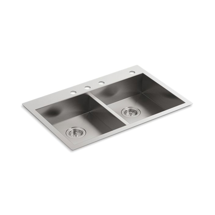 Kohler® 3996-4-NA Dual Mount Kitchen Sink, Vault™, Rectangular, 4 Faucet Holes, 33 in W x 6-5/16 in D x 22 in H, Top/Under Mount, Stainless Steel