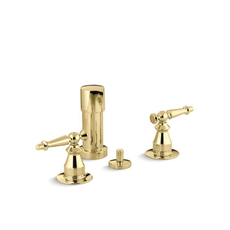 Kohler® 142-4-PB Bidet Faucet, Antique™, 2.2 gpm Flow Rate, 5-1/2 in Center, Vibrant® Polished Brass, 2 Handles, Pop-Up Drain