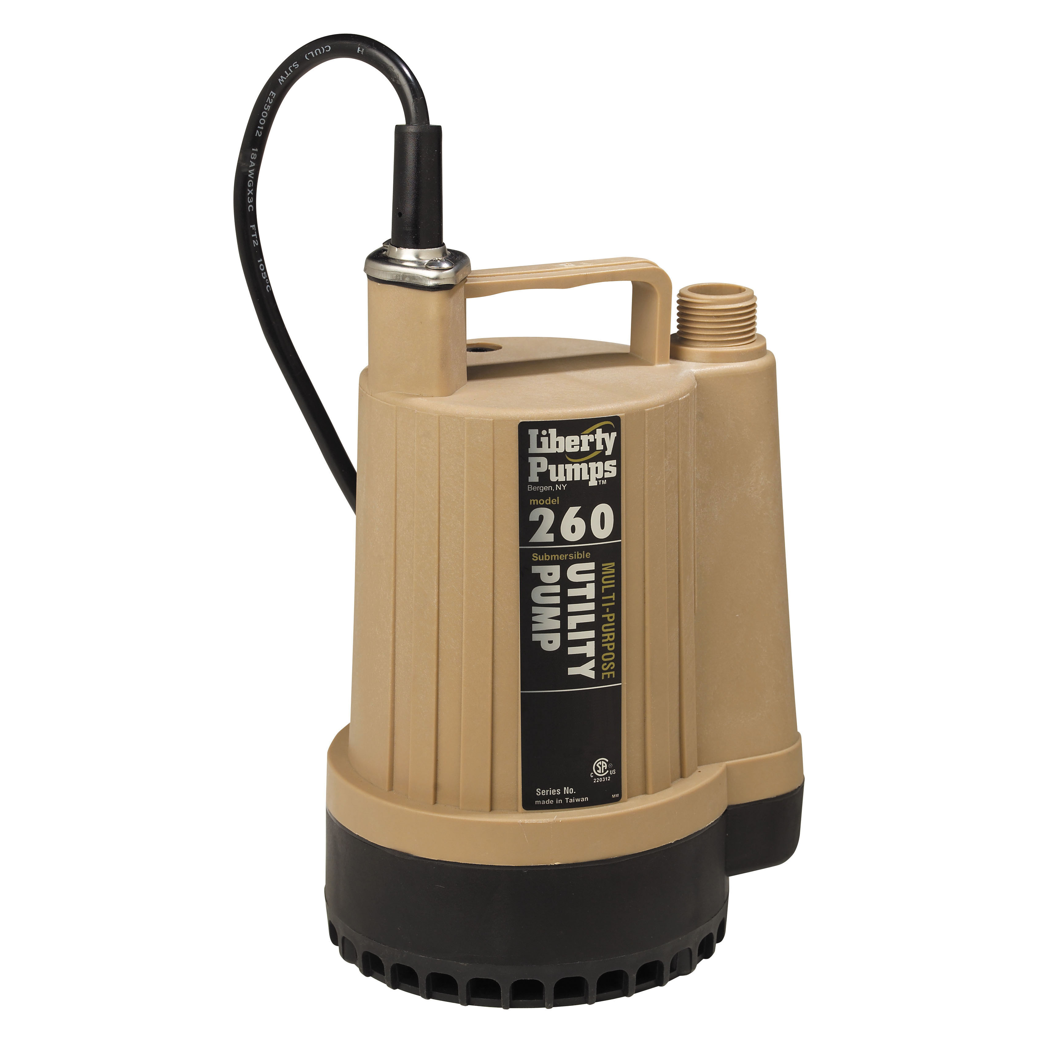 Liberty Pumps® 260 Submersible Utility Pump, 17 gpm, 3/4 in NPT Outlet, 1/6 hp, Thermoplastic, Import