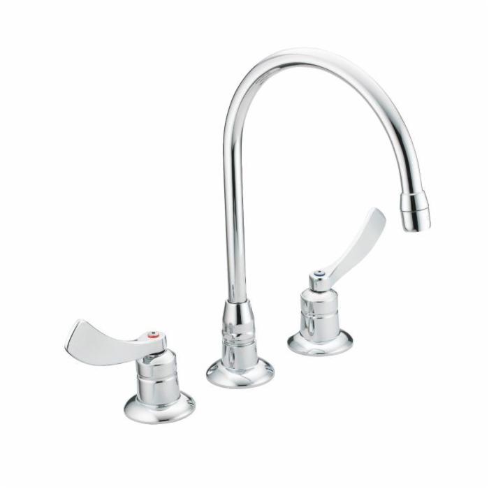 Moen® 8225SM M-DURA™ Widespread Kitchen Faucet, 2.2 gpm Flow Rate, 8 in Center, Polished Chrome, 2 Handles, Domestic