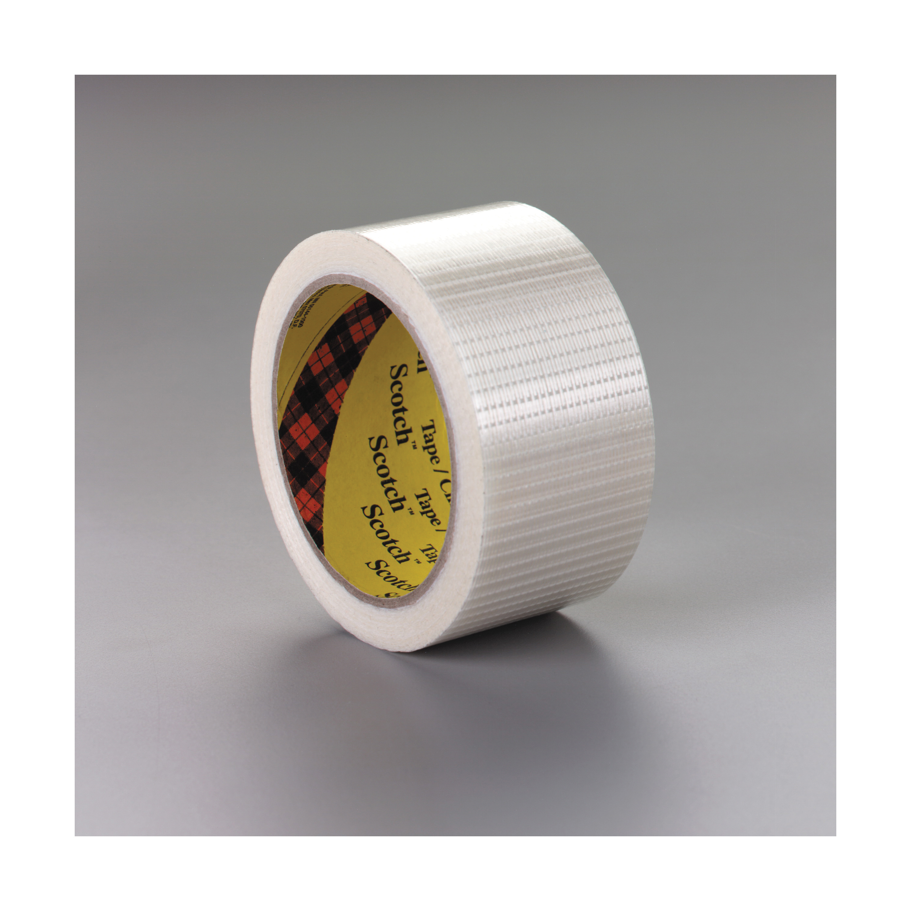 Scotch® 021200-39838 Filament Tape, 55 m L x 12 mm W, 8 mil THK, Glass Filament, Natural Rubber Adhesive, Polyester Film Backing, Clear