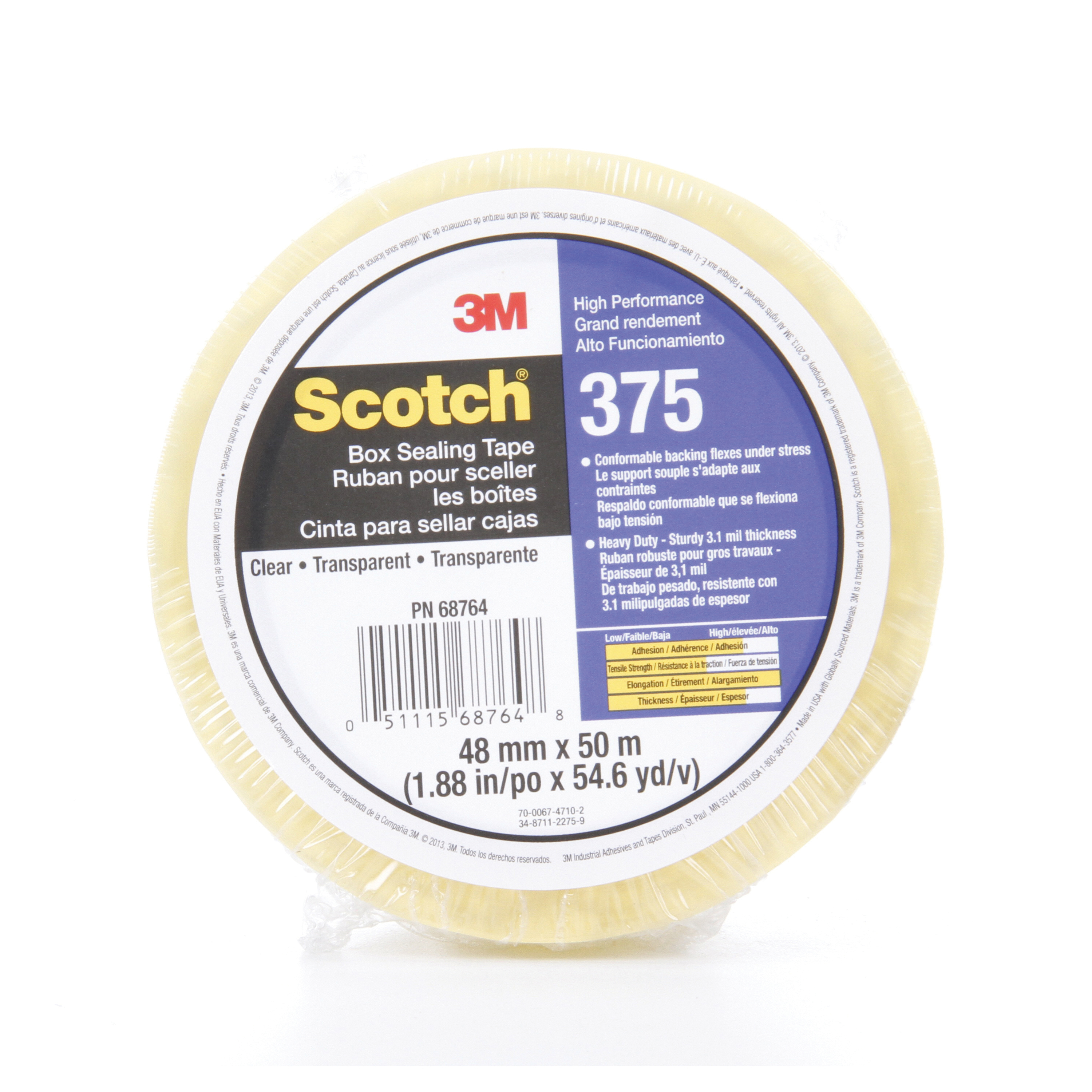 Scotch® 051115-68761 Medium Performance Box Sealing Tape, 50 m L x 48 mm W, 2.2 mil THK, Hot Melt Synthetic Rubber Resin Adhesive, Polypropylene Film Backing, Tan