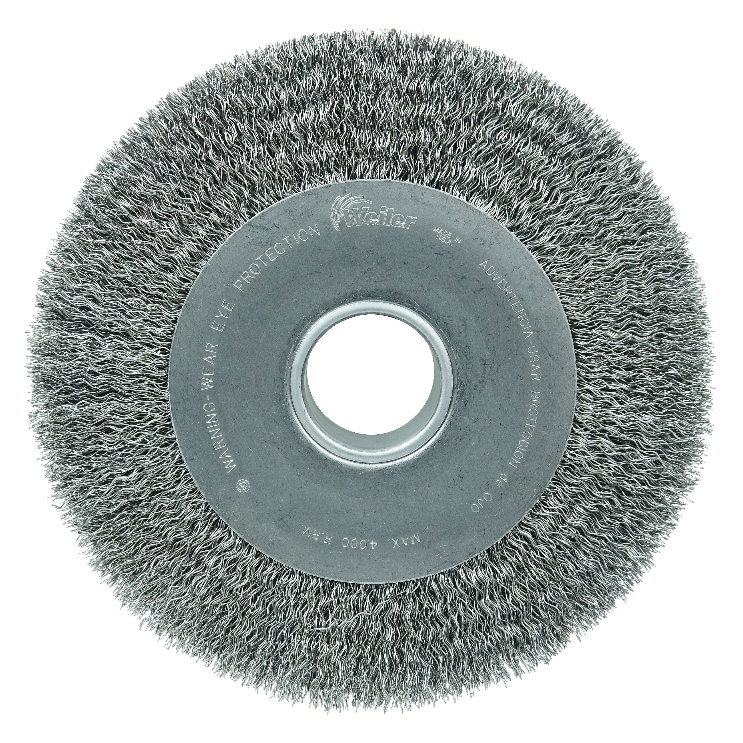 Weiler® 01515 High Density Medium Face Wheel Brush, 8 in Dia Brush, 7/8 in W Face, 0.014 in Dia Crimped Filament/Wire, 5/8 in Arbor Hole