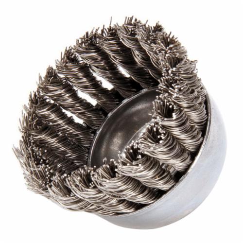 Mighty-Mite™ 13188 Cup Brush, 3-1/2 in Dia Brush, 5/8-11 UNC Arbor Hole, 0.014 in Dia Filament/Wire, Crimped, Stainless Steel Fill