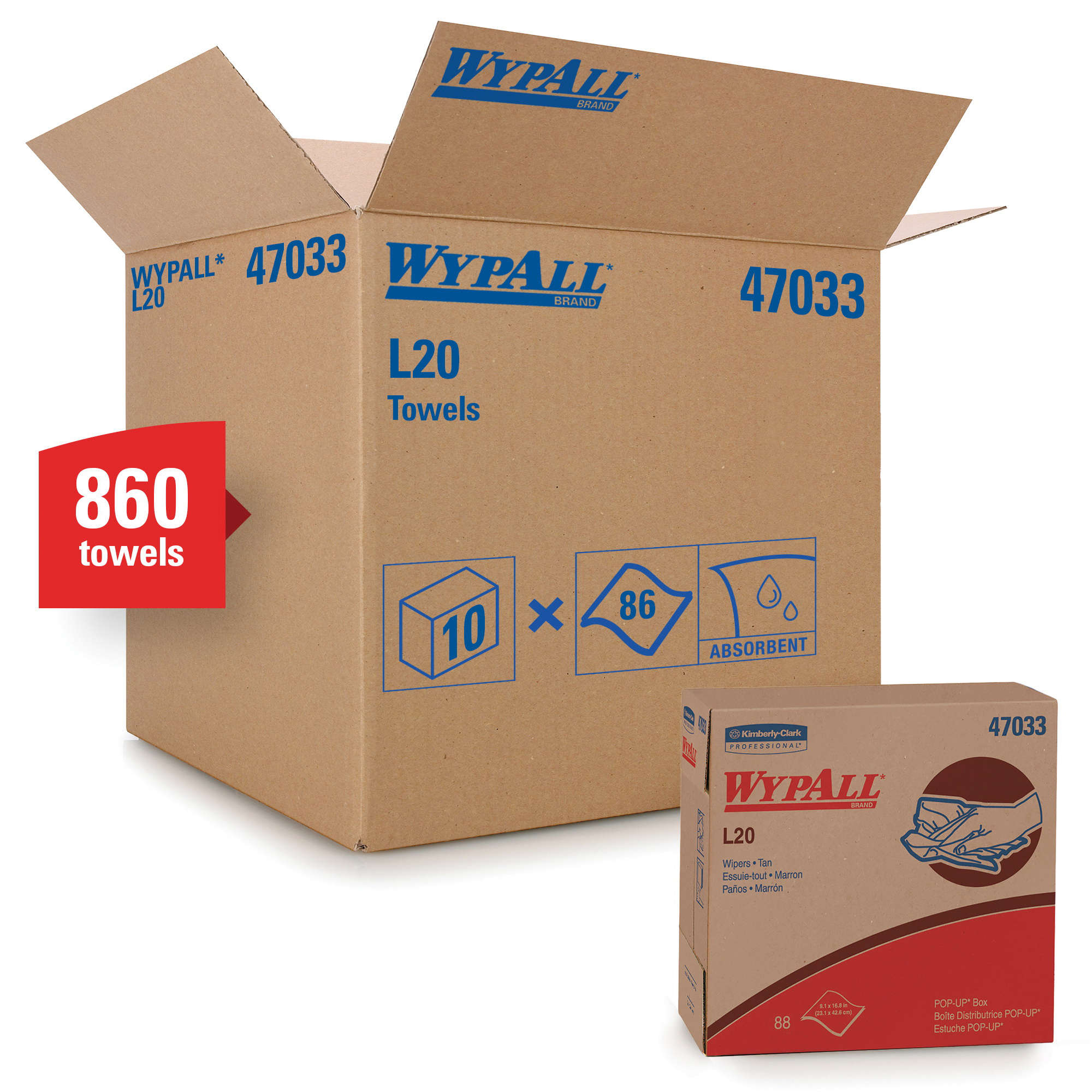 product WypAll* 47022 L20 Single Use Cleaning Wiper, 12 x 12-1/2 in, 68 Sheets Capacity, Paper, White