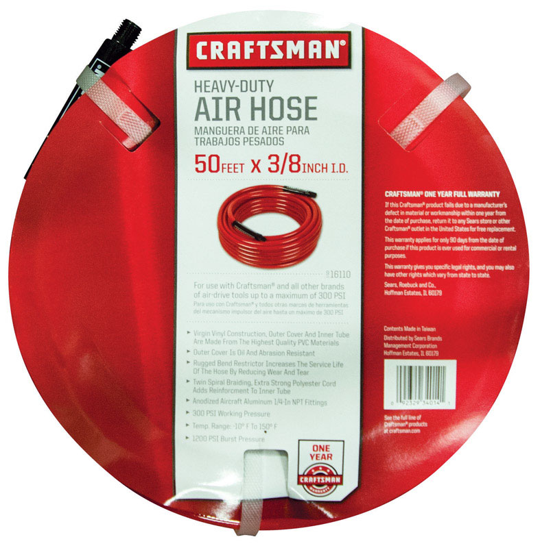 CRAFTSMAN CMXZTSG1078NB Air Hose, 3/8 in ID, 1/4 in OD, 50 ft L, NPT, 300 psi Pressure, PVC, Red - 1