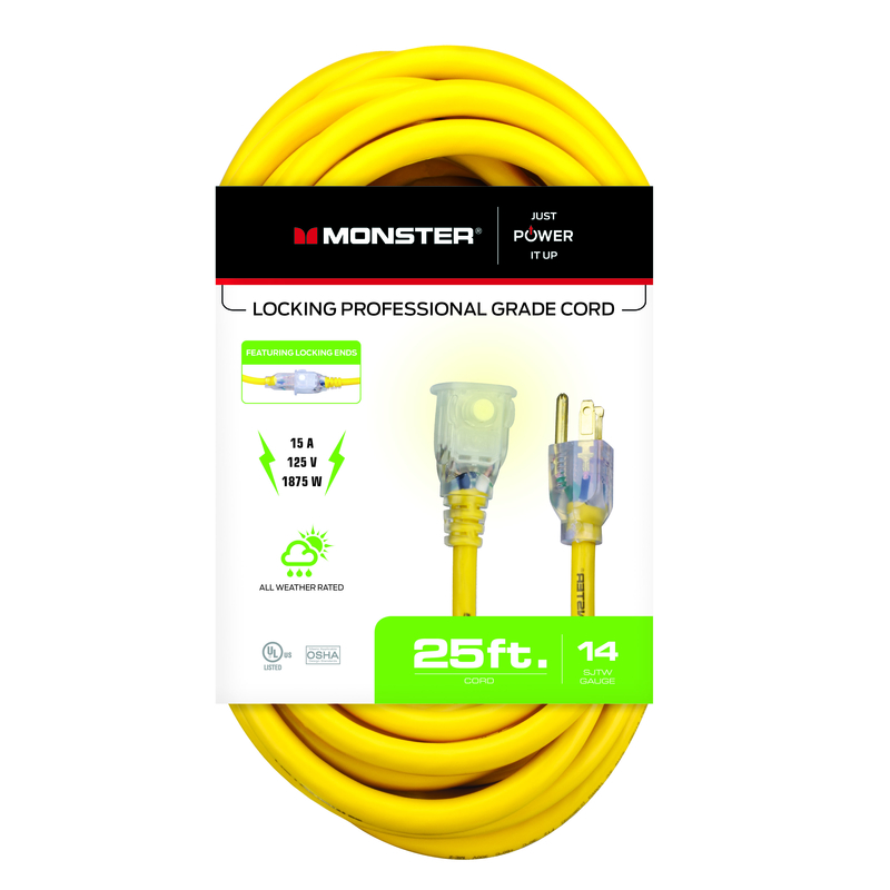 Monster AG-14325EC Extension Cord, 14/3 AWG Cable, 25 ft L, 15 A, 125 V, Yellow - 1