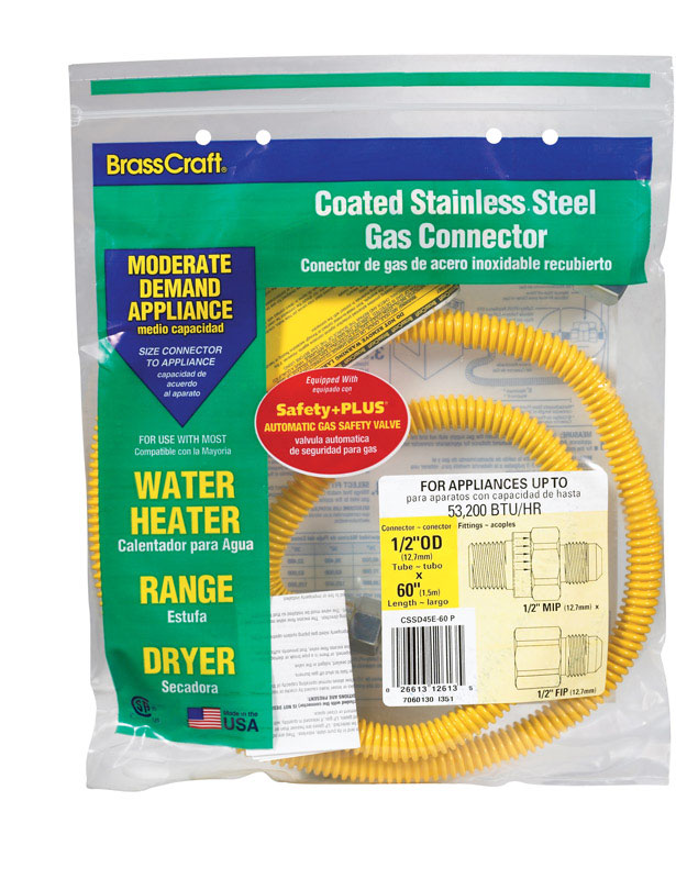 BrassCraft CSSD45R-60P Gas Connector, 1/2 in, MIP x FIP, Stainless Steel, 60 in L, 1/2 in OD - 1